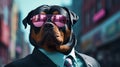 A Rottweiler dog wearing sunglasses and dressed in a suit on a city street