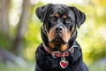 rottweiler with a heart charm on its collar