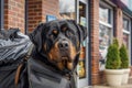 rottweiler with a heavyduty bag, waiting outside a grocery store