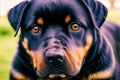 Rottweiler. Portrait of a beautiful Rottweiler dog playing in the park. Generative AI