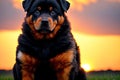 Rottweiler puppy posing with nature background, generative ai color grading. Cute Rottweiler Dog watching to camera