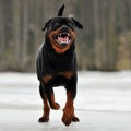 A Rottweiler that during the winter in Sweden runs on an ice-covered lake Royalty Free Stock Photo
