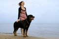Rottweiler and woman on the beach Royalty Free Stock Photo