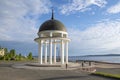 Rotunda gazebo on Onega lake in the early June morning. Petrozavodsk, Russia