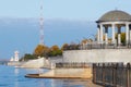 Rotunda and lighthouse on the embankment of the city of Blagoveshchensk, Russia in autumn 2021. Increased water level in