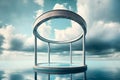Rotunda podium on fantasy surreal water landscape, cloud sky. Generative AI illustration.