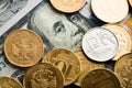 Roubles coins on banknotes of dollars Royalty Free Stock Photo