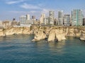 Rouche rocks in Beirut, Lebanon in the sea during daytime. Pigeon Rocks in Mediterranean sea.