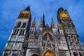 Rouen Cathedrale, France. The facade of the Gothic church building in blue hours.
