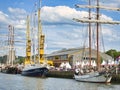 Aerial view of Armada exhibition sailboats at Rouen dock. International meeting for biggest old schooners and frigates in world