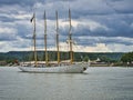 Sailing ship Santa Maria Manuela, Portuguese white fleet Lugger on the Seine river for Armada exhibition in France