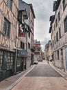 Rouen, France - June 2019: multicolored timber framing buildings on the streets of summer Rouen, Normandie