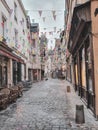 Rouen, France - June 2019: multicolored timber framing buildings on the streets of summer Rouen, Normandie