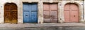 Panorama view of colorful old doors in a quiet city neighborhood in Rouen