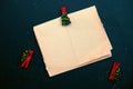 Rough blank sheet of vintage paper with festive cloth pin on a black background Royalty Free Stock Photo