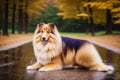 Rough Collie dog. Portrait of a beautiful Rough Collie dog playing in the park. Generative AI