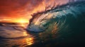 Rough colored ocean wave falling down at sunset time