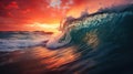 Rough colored ocean wave falling down at sunset time