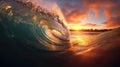 Rough colored ocean wave falling down at sunset time