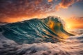 Sunset on the sea with rough colorful ocean wave.