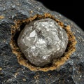 A rough diamond crystal embedded in a dark, coarse igneous rock matrix. The rock Royalty Free Stock Photo