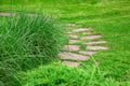 Rough different shapes of natural stone footpath paved in green backyard lawn. Royalty Free Stock Photo