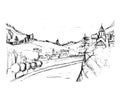 Rough draft of small Georgian town street, buildings and trees against mountains on background. Landscape with