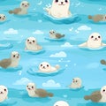 Rough drawing of cute seals swimming in the vast ocean seamless pattern