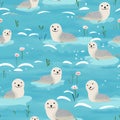 Rough drawing of cute seals swimming in the vast ocean seamless pattern