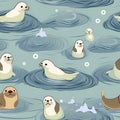 Rough drawing of cute seals swimming in the vast ocean seamless pattern