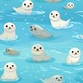 Rough drawing of cute seals swimming in the vast ocean seamless pattern