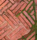Rough dusty red brick path shows aged zigzagged architecture brickwork