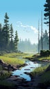 Rough-edged 2d Animation Of A Serene Daytime Fen Landscape