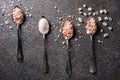Rough and fine pink Himalayan sea salt on vintage spoons