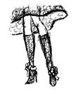 Rough freehand drawing of female legs in high-heeled knee-high boots and dress. Vector sketch of body part of elegant girl