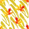 Rough grunge brushstrokes and watercolor maple leaves seamless pattern.