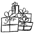 Rough hand-drawn childlike doodle of pile of gift boxes with bows