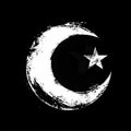 Rough hand drawn white and black crescent moon with star symbol of Islam