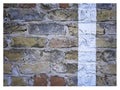 Rough hewn chiseled red brick wall for abstract, textured background.