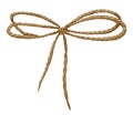 Rough Jute Bow. Hand drawn watercolor illustration of twisted Rope on white isolated background for clipart. Decorative