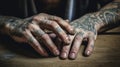 Rough male hands with tattoos and dirty fingernails on a rough wooden table. Generative AI Royalty Free Stock Photo