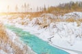 Rough river at the foot of the mountains in a turquoise, blue, green forest in winter, ice and snow around the landscape. Royalty Free Stock Photo