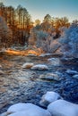 Rough River In Winter With Snow-covered Trees And Steam
