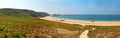 Rough rocky coastal panoramic landscape of Brittany with blue sky. Royalty Free Stock Photo