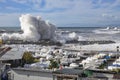 Rough sea with big waves on the piers of the Genoa seafront, Italy