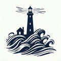Rough Sea with Shining Lighthouse Design Royalty Free Stock Photo