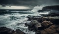 Rough seas break against rocky cliff, awe inspiring beauty in nature generated by AI Royalty Free Stock Photo