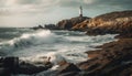 Rough seas crash against Asturias coastline, beacon guides travel generated by AI Royalty Free Stock Photo