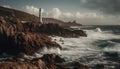 Rough seas crash against cliff, beacon guides sailors home generated by AI Royalty Free Stock Photo