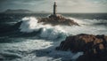 Rough seas crash against cliff, beacon warns of danger ahead Royalty Free Stock Photo